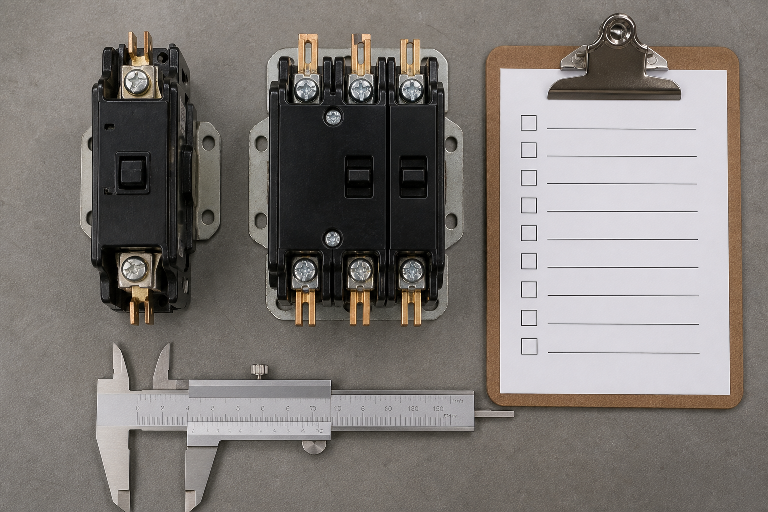 One pole and two pole contactors compared on an inspection bench