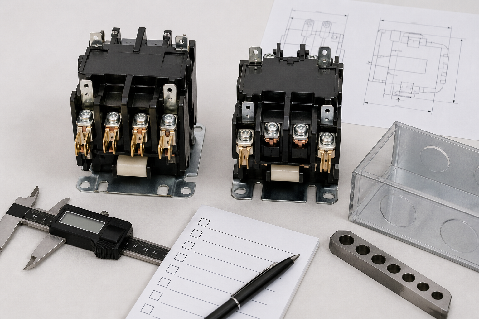 Two 50 amp contactors compared for terminals mounting and clearance