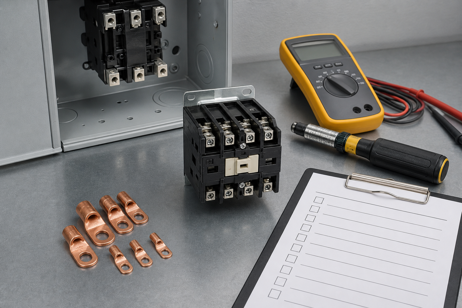 De-energized 50 amp contactor prepared for terminal and fit inspection