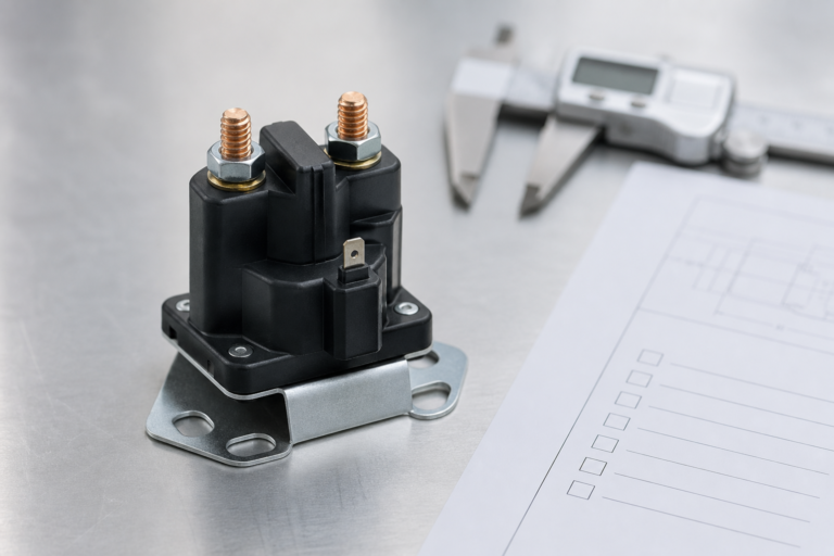 Generic 12V plastic DC starter contactor prepared for replacement verification