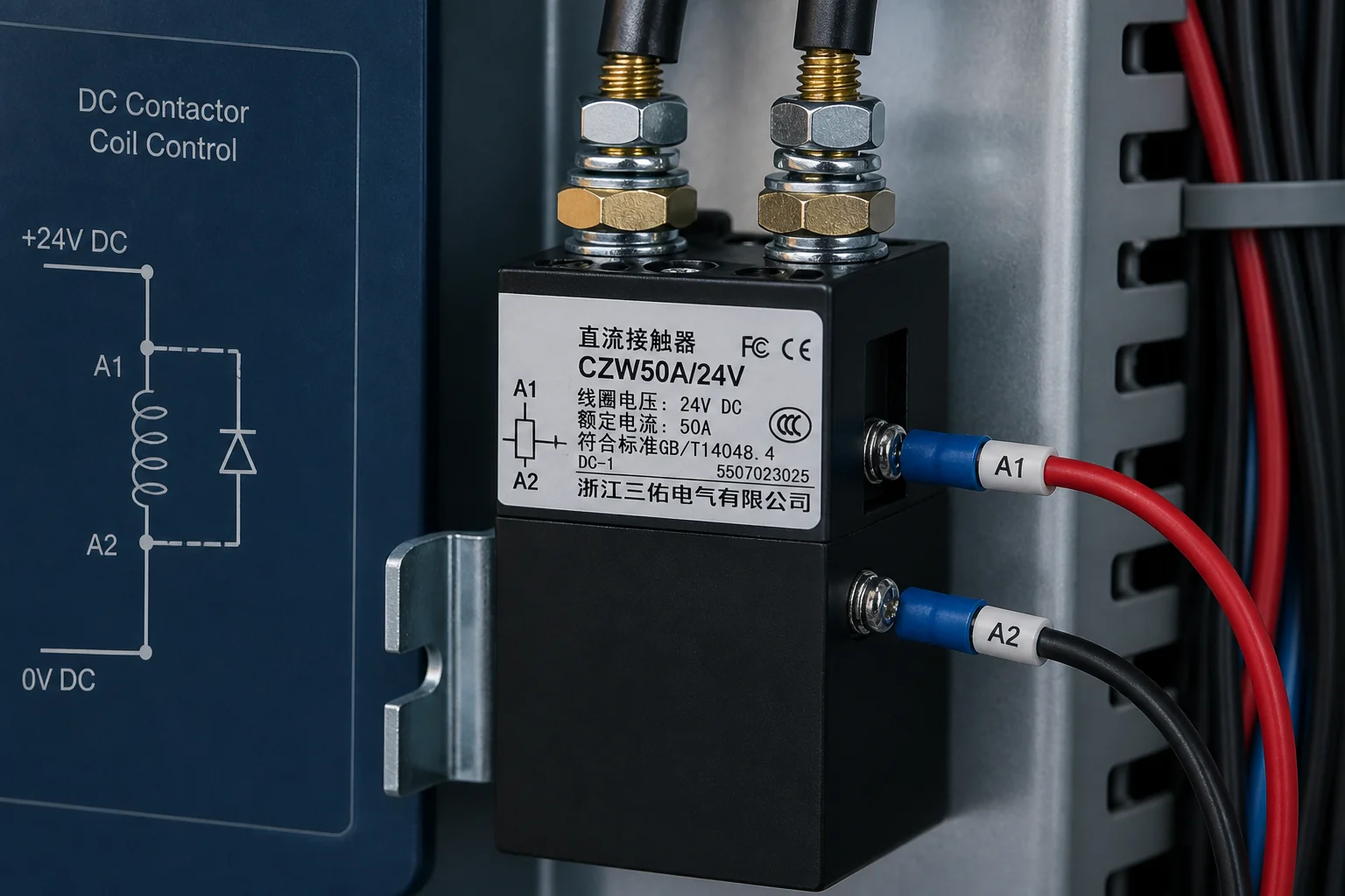 DC contactor coil supply context with control terminals