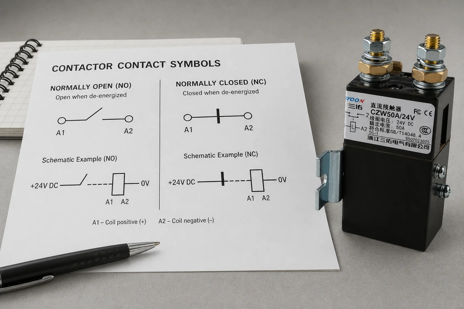 Normally open and normally closed contactor contact symbols compared on a drawing