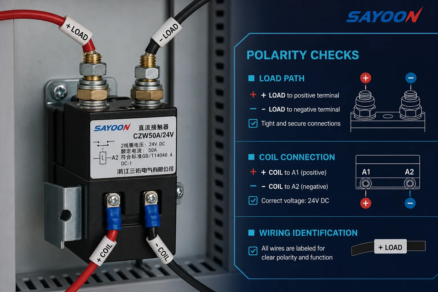 DC contactor polarity and wire-label review scene