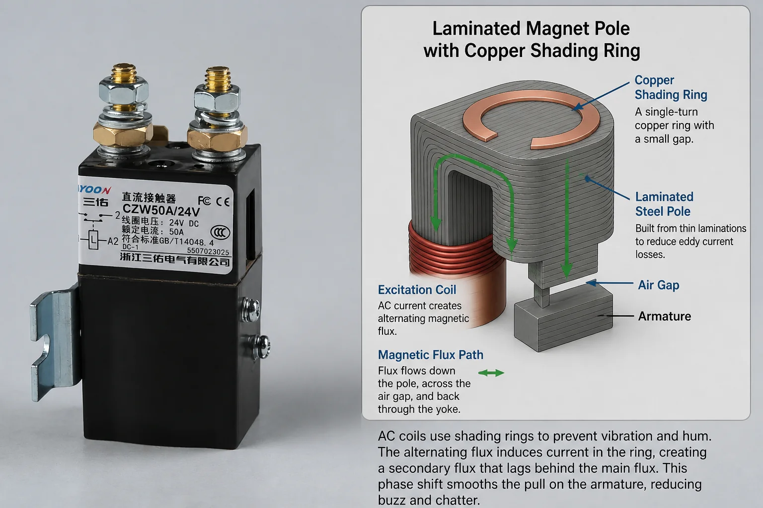 Contactor hardware beside shading-ring context for AC coil zero-crossing hold