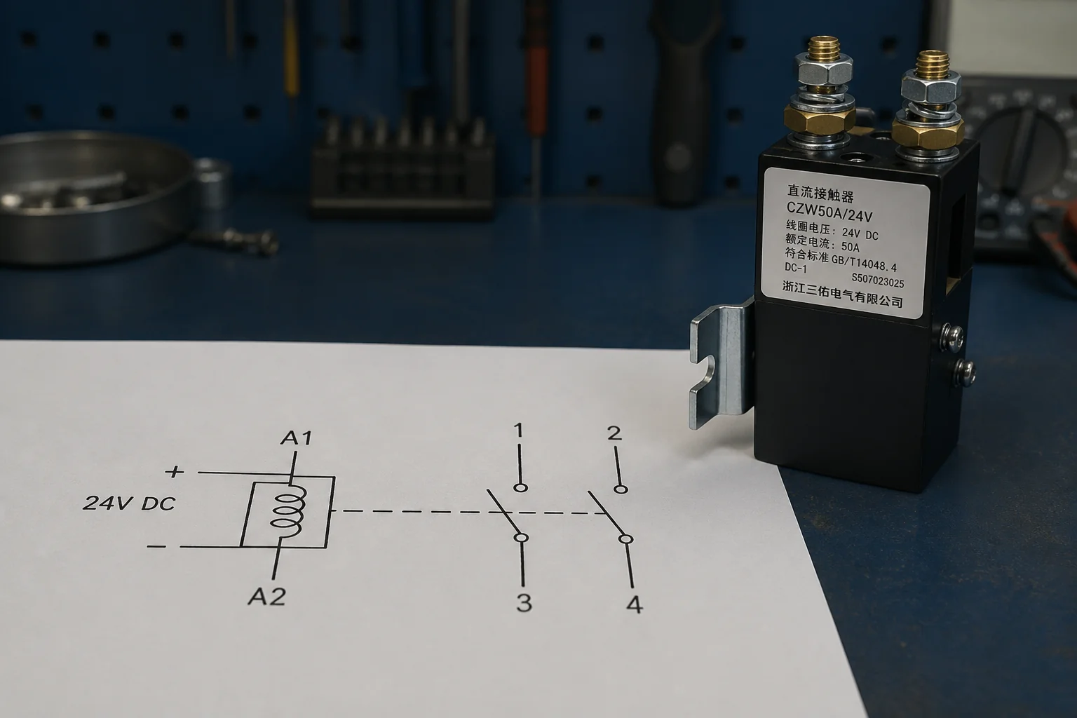 DC contactor coil and contact symbols shown next to the physical device