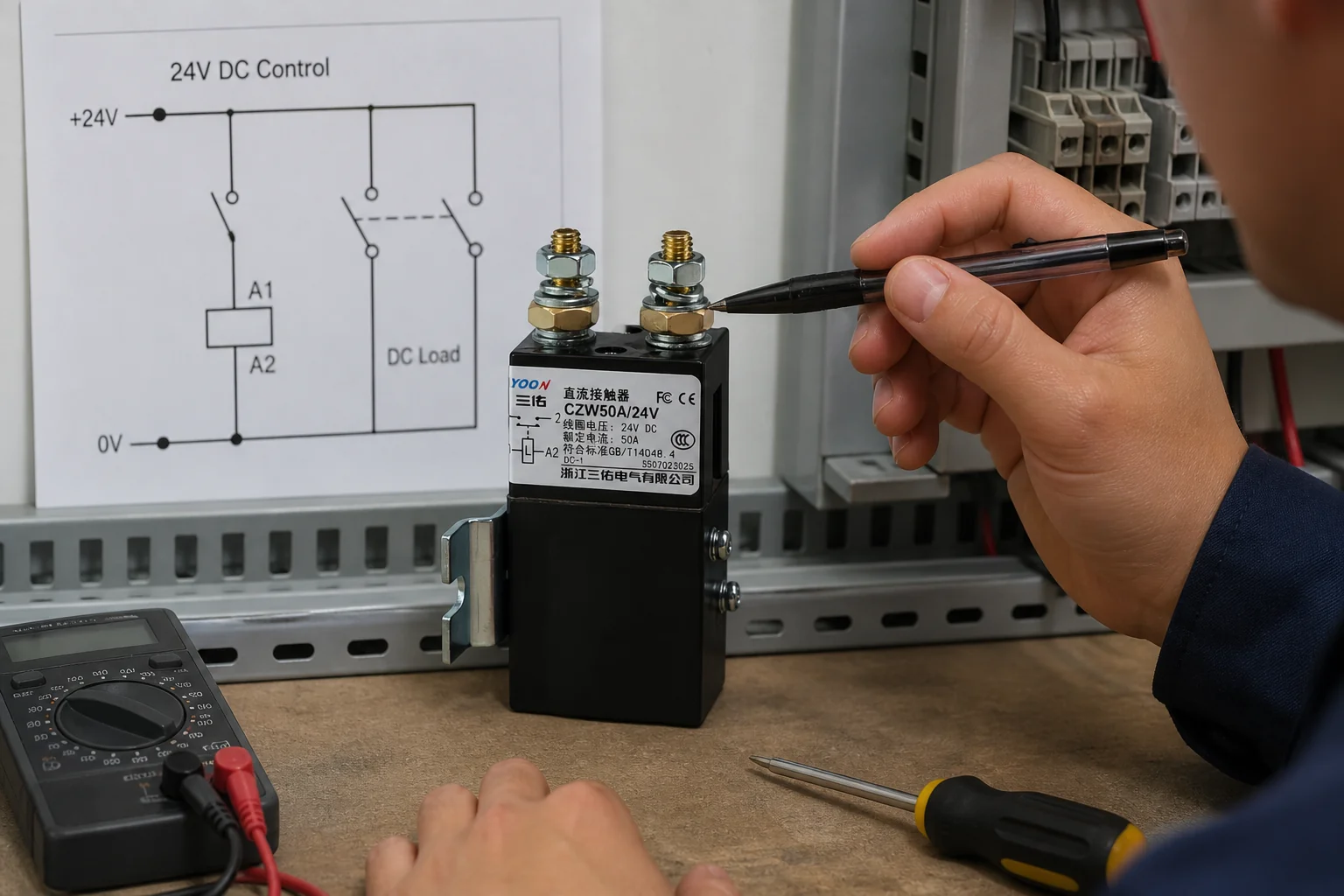 Engineer verifying contactor coil terminals against a schematic