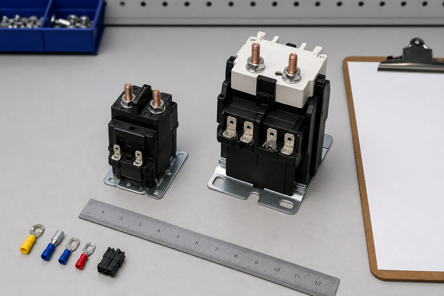 Two unbranded DC contactors compared for size mounting bracket and terminal layout