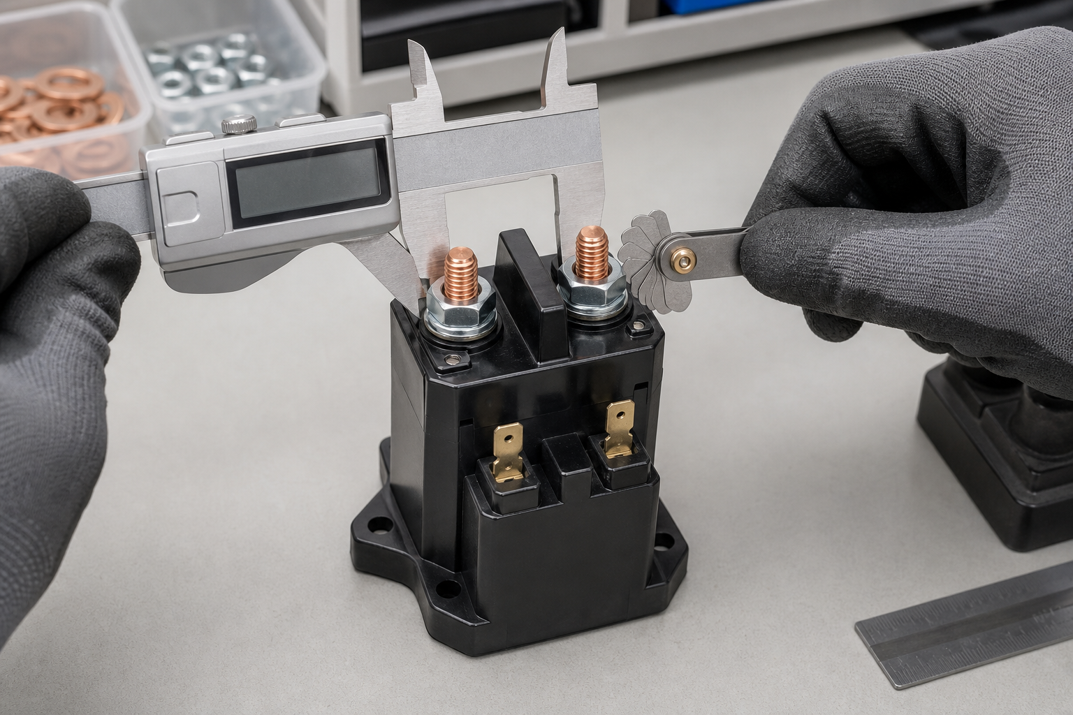 Engineer checking DC contactor power studs and coil terminals with measuring tools