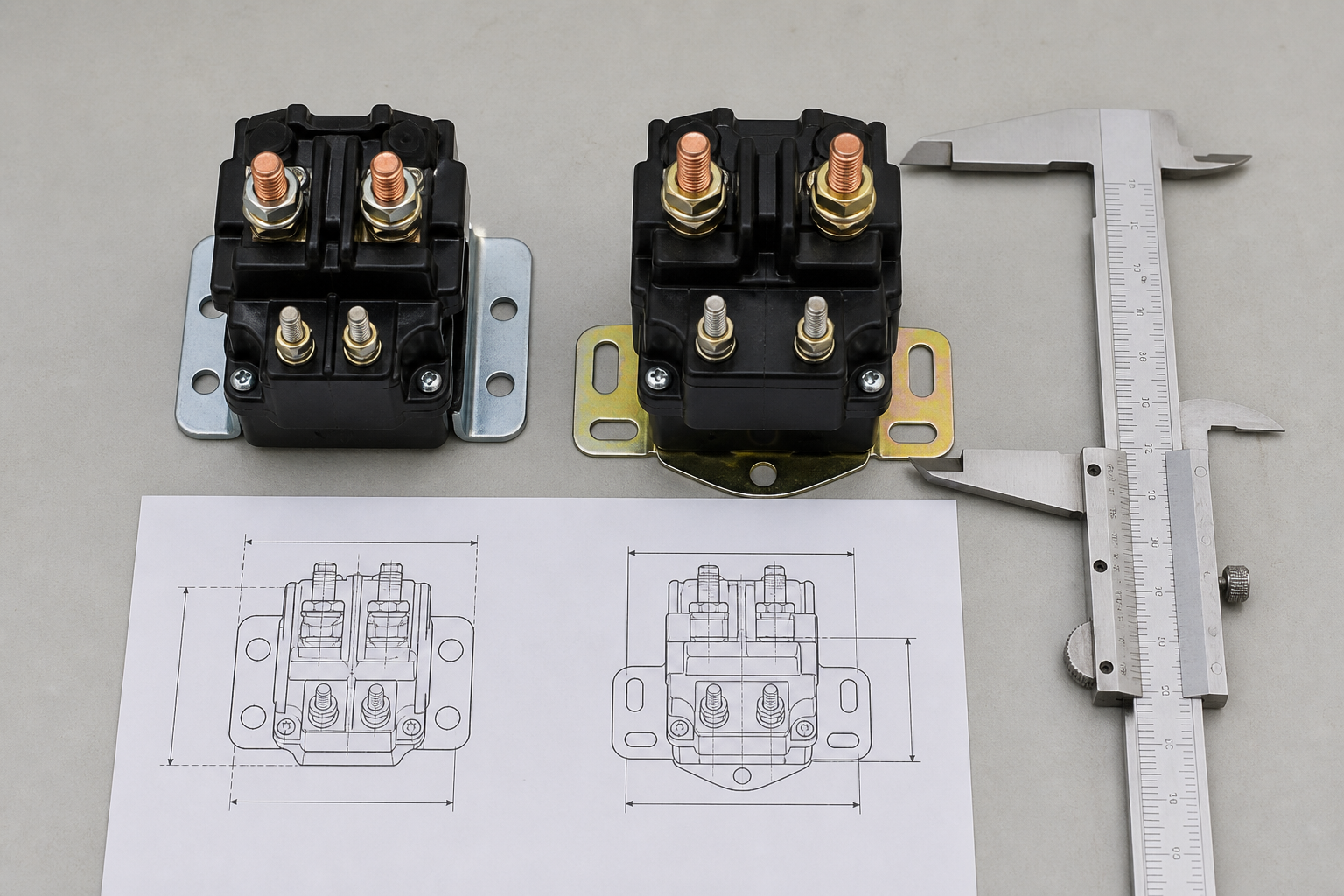 Two plastic DC starter contactors compared for dimensions and mounting pattern