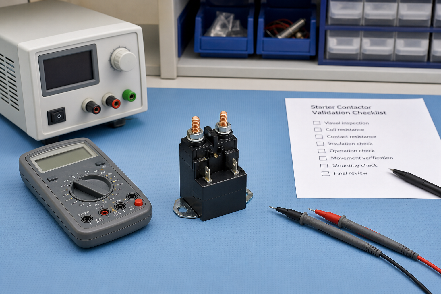 De-energized 12V starter contactor with multimeter and validation checklist