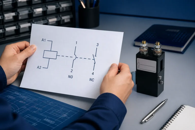 Engineer reading a DC contactor symbol on a schematic beside a DC contactor