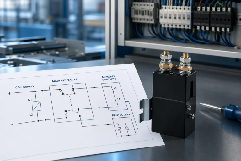 DC contactor diagram review bench with labeled schematic blocks