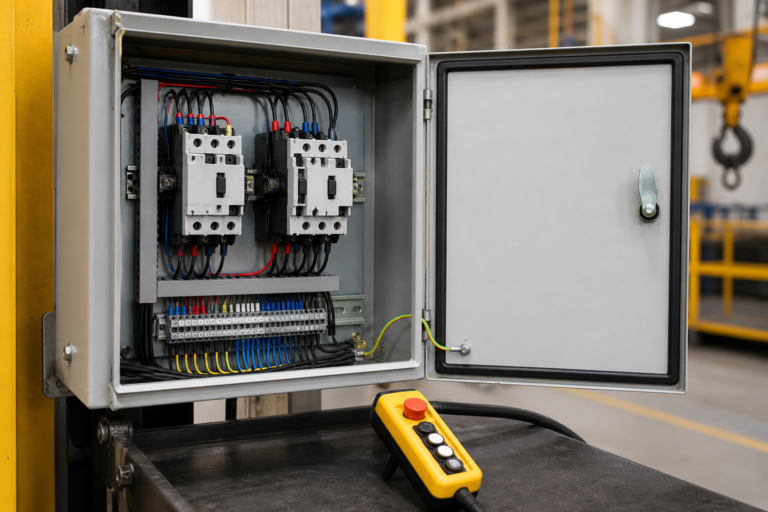Isolated hoist control cabinet with paired reversing contactors and pendant controller