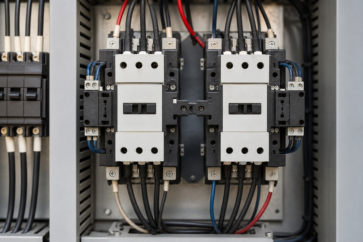 Paired industrial contactors with a mechanical interlock in an isolated hoist panel