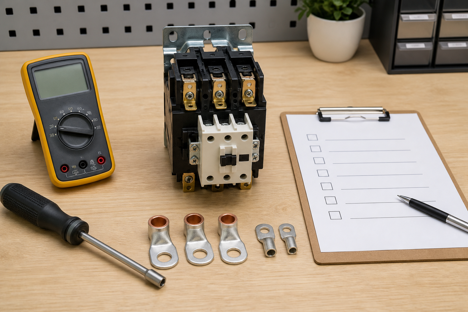 De-energized HVAC contactor prepared for terminal and coil inspection