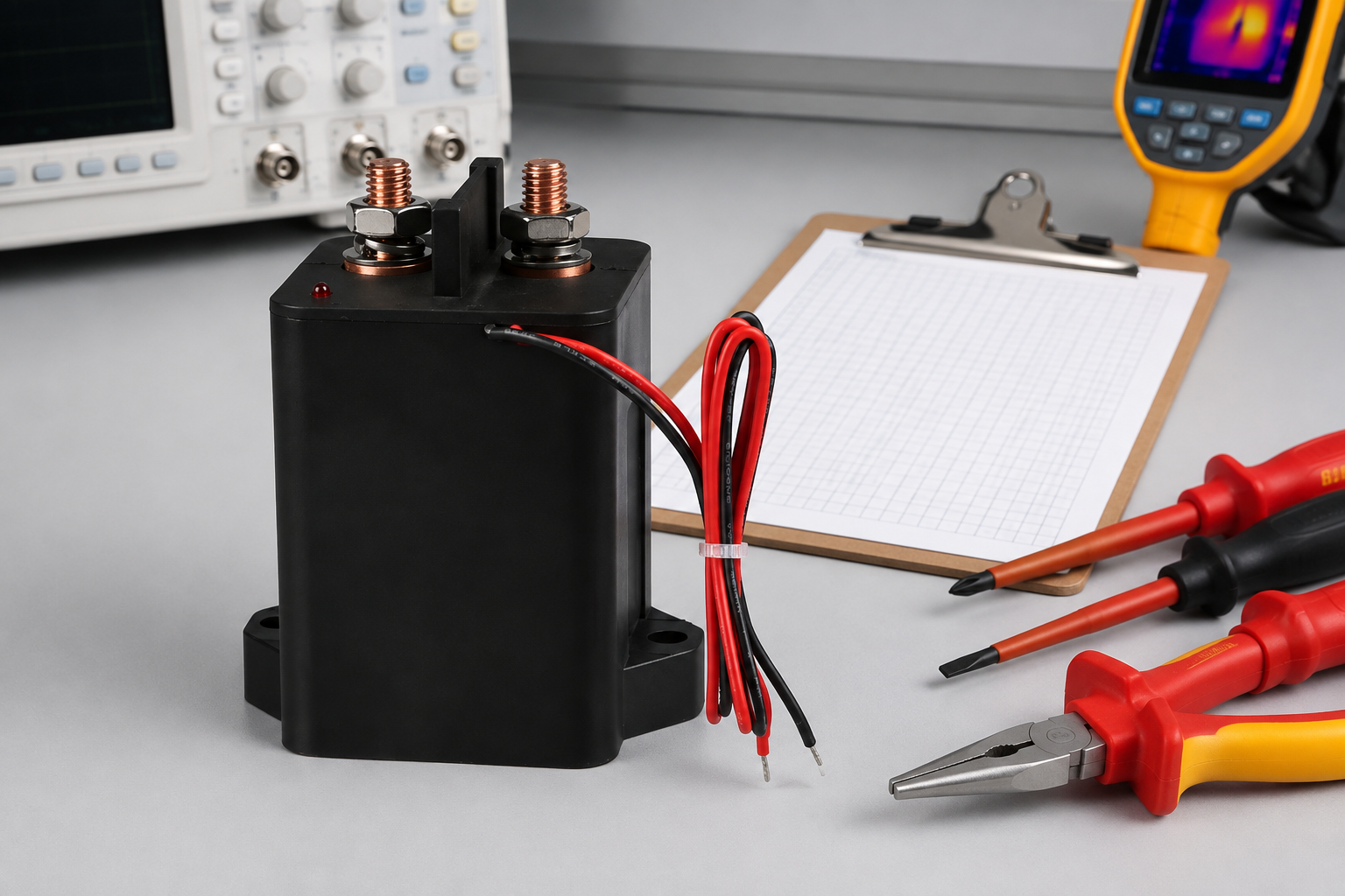 Examen des applications du contacteur CC scellé en résine époxy haute tension HEV200 pour le test de résistance d'isolement du contacteur CC
