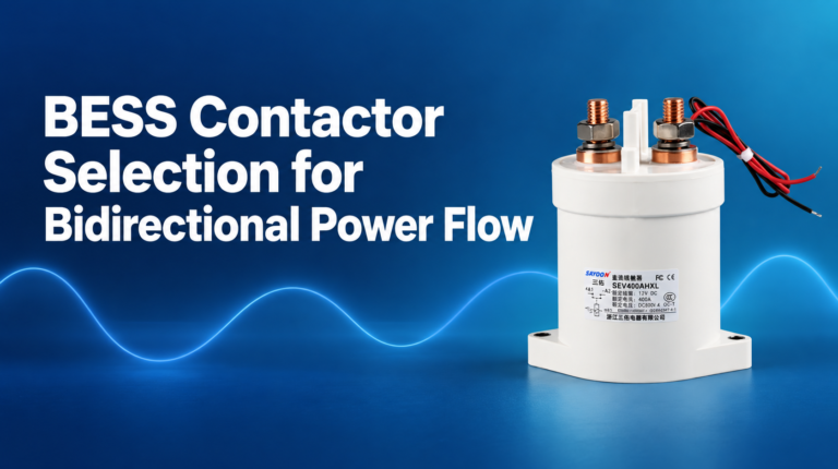BESS Contactor Selection for Bidirectional Power Flow featured banner with SEV400AHXL sealed high-voltage DC contactor