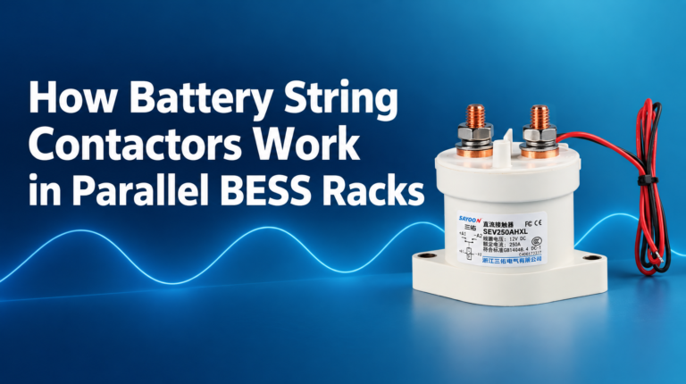 How Battery String Contactors Work in Parallel BESS Racks featured banner with SEV250AHXL sealed high-voltage DC contactor