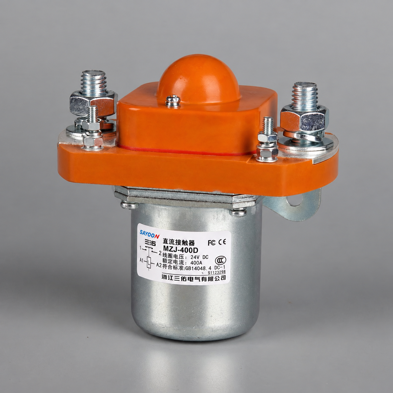 Sayoon MZJ-400D DC contactor product photo showing the orange housing and labeled body