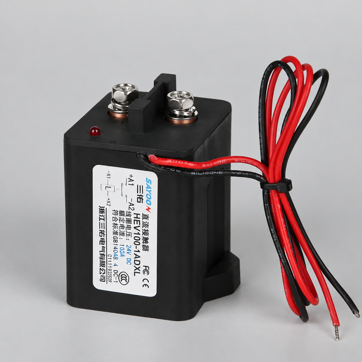 Sayoon HEV100 DC contactor product photo with distinct control wires and main terminals