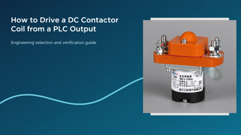 Featured banner for How to Drive a DC Contactor Coil from a PLC Output, showing the actual Sayoon MZJ-100A product