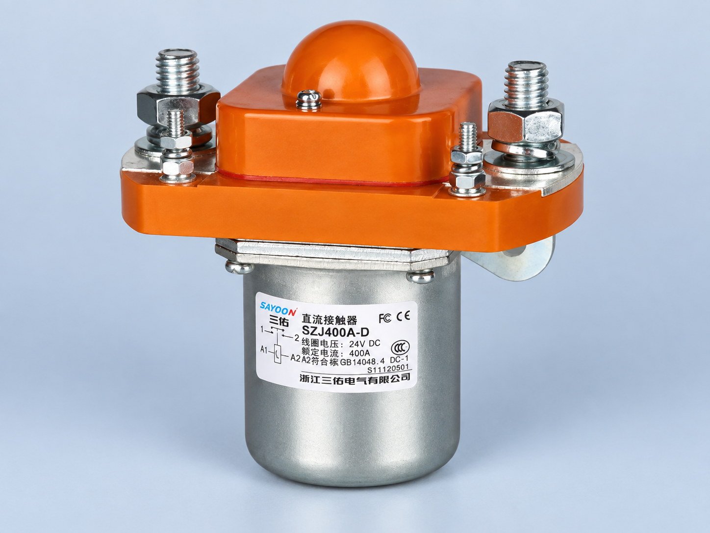 Sayoon SZJ400A-D orange-top DC contactor with labeled 24 V coil option