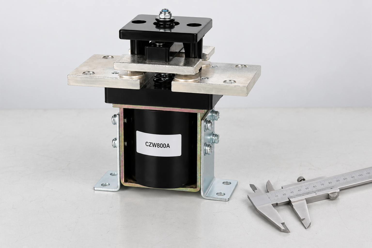 CZW800A open-frame DC contactor beside a caliper for terminal and mounting review