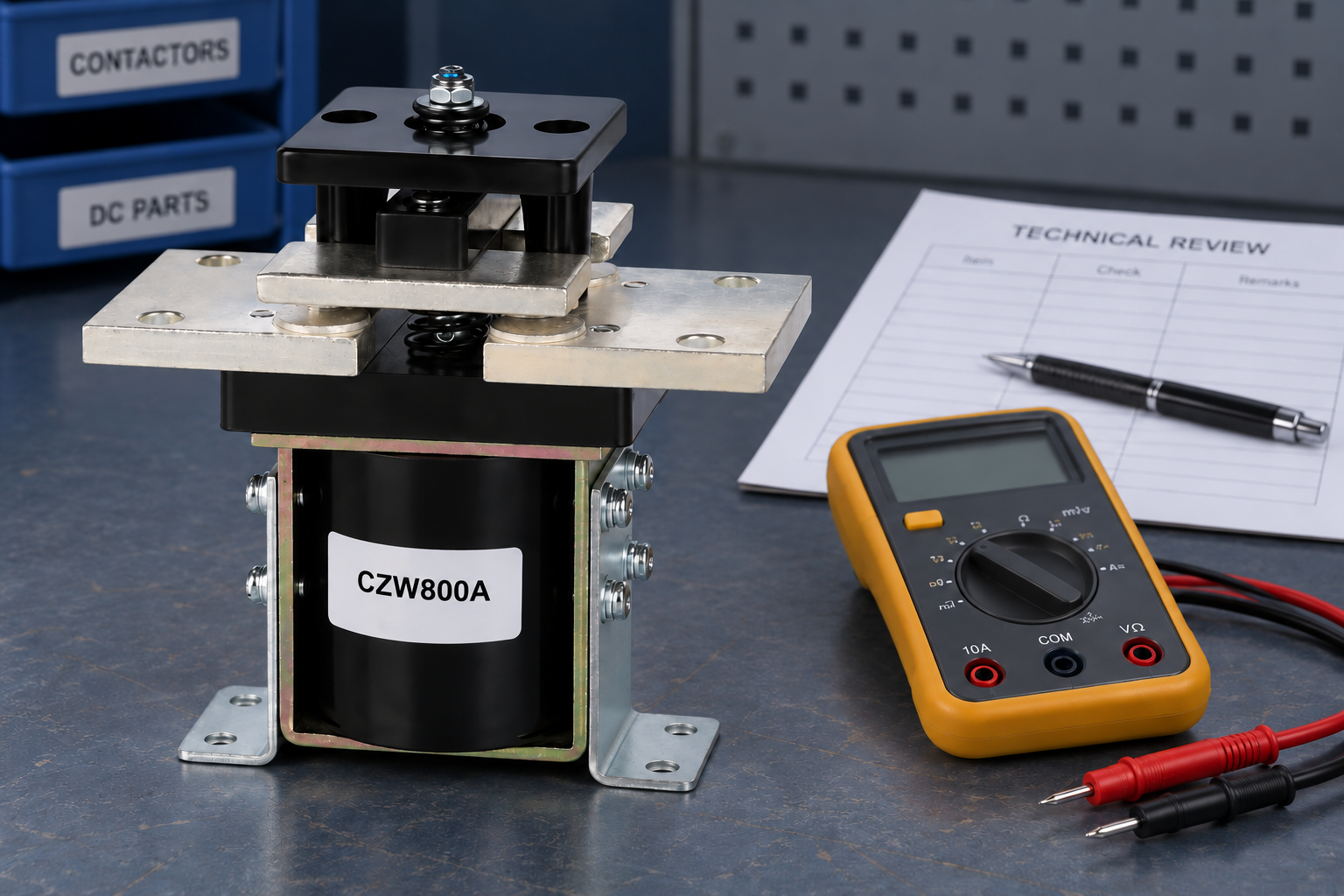 CZW800A DC contactor beside an unconnected meter and blank supplier review document