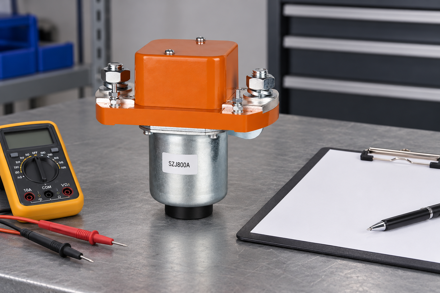 SZJ800A unpowered beside a blank review clipboard and unconnected multimeter