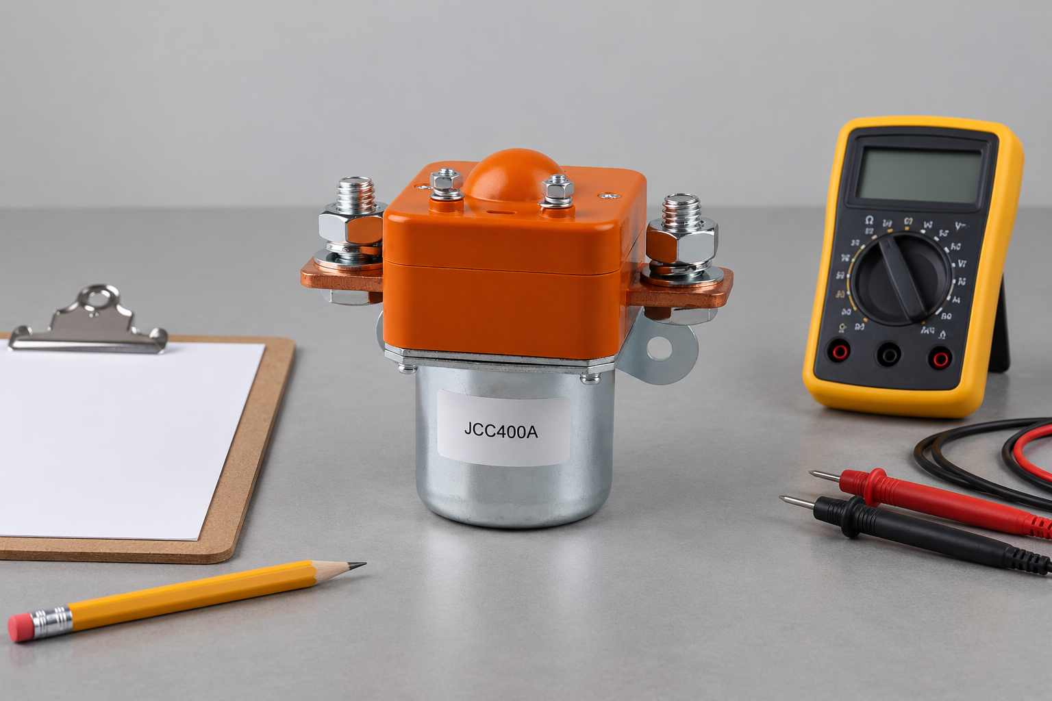 JCC400A unpowered DC contactor beside a blank procurement clipboard and unconnected meter