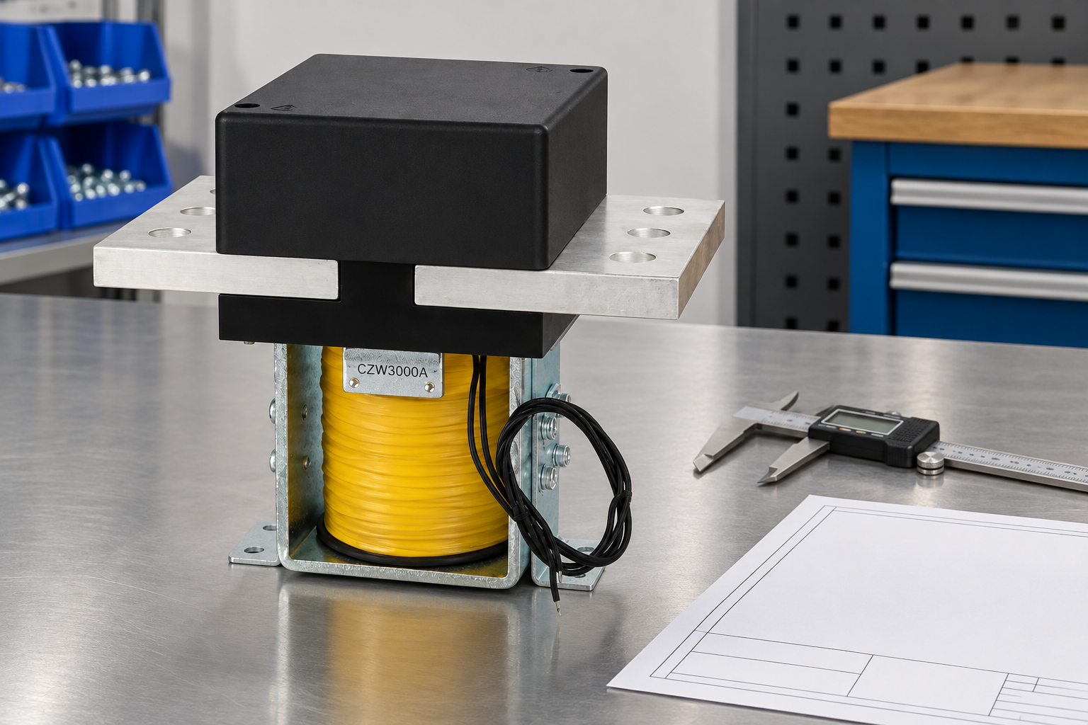CZW3000A unpowered beside a separate caliper and inspection document