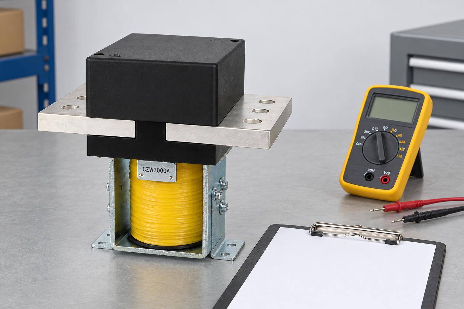 CZW3000A unpowered beside a blank review clipboard and unconnected multimeter