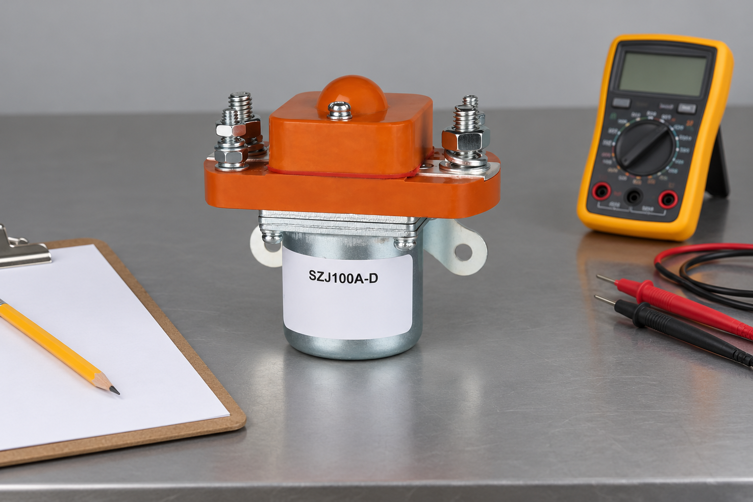 SZJ100A-D unpowered DC contactor beside a blank procurement clipboard and unconnected meter