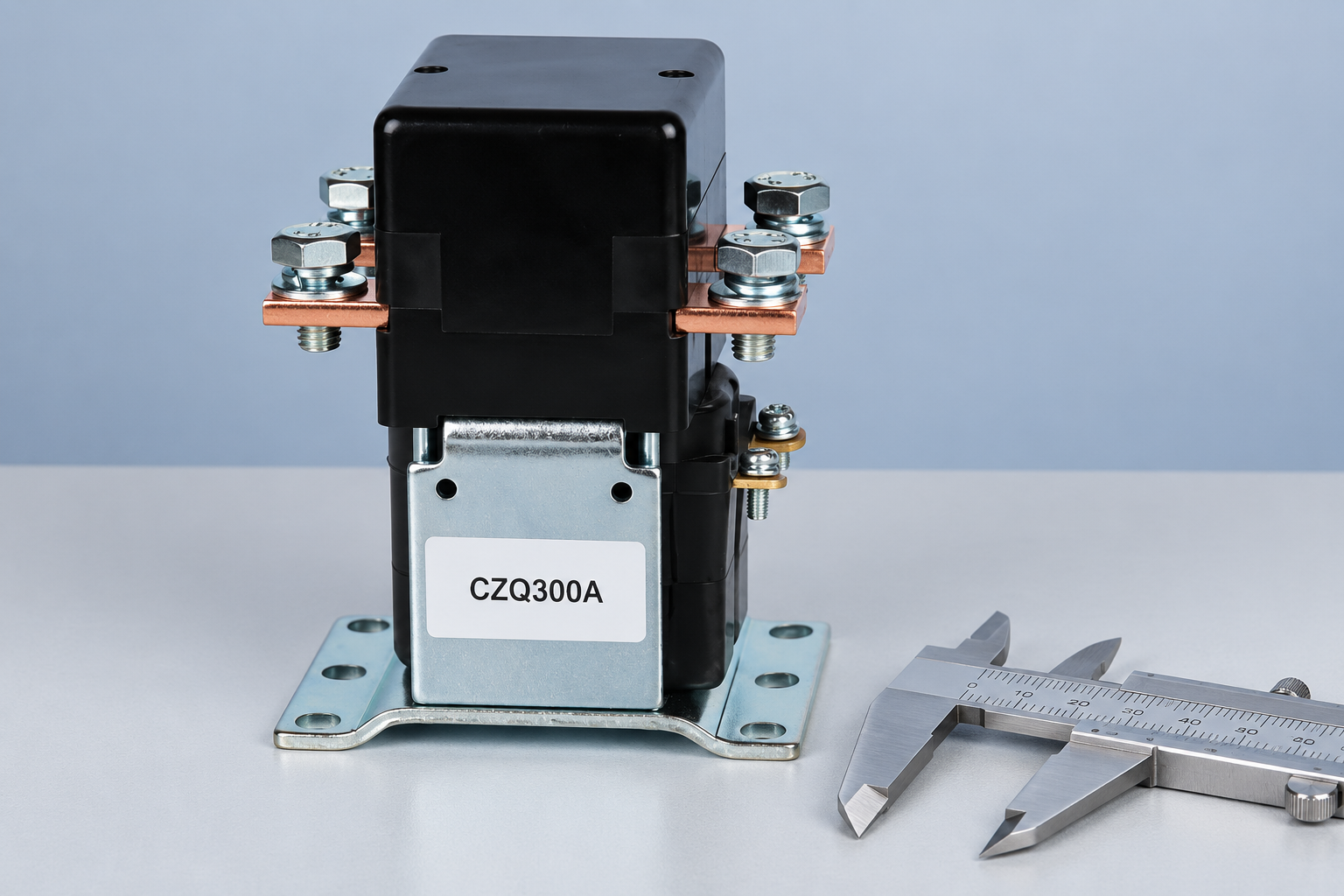 CZQ300A DC contactor beside a caliper for checking mounting and terminal layout