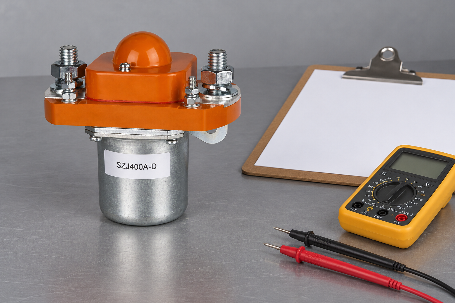 SZJ400A-D unpowered beside a blank review clipboard and unconnected multimeter