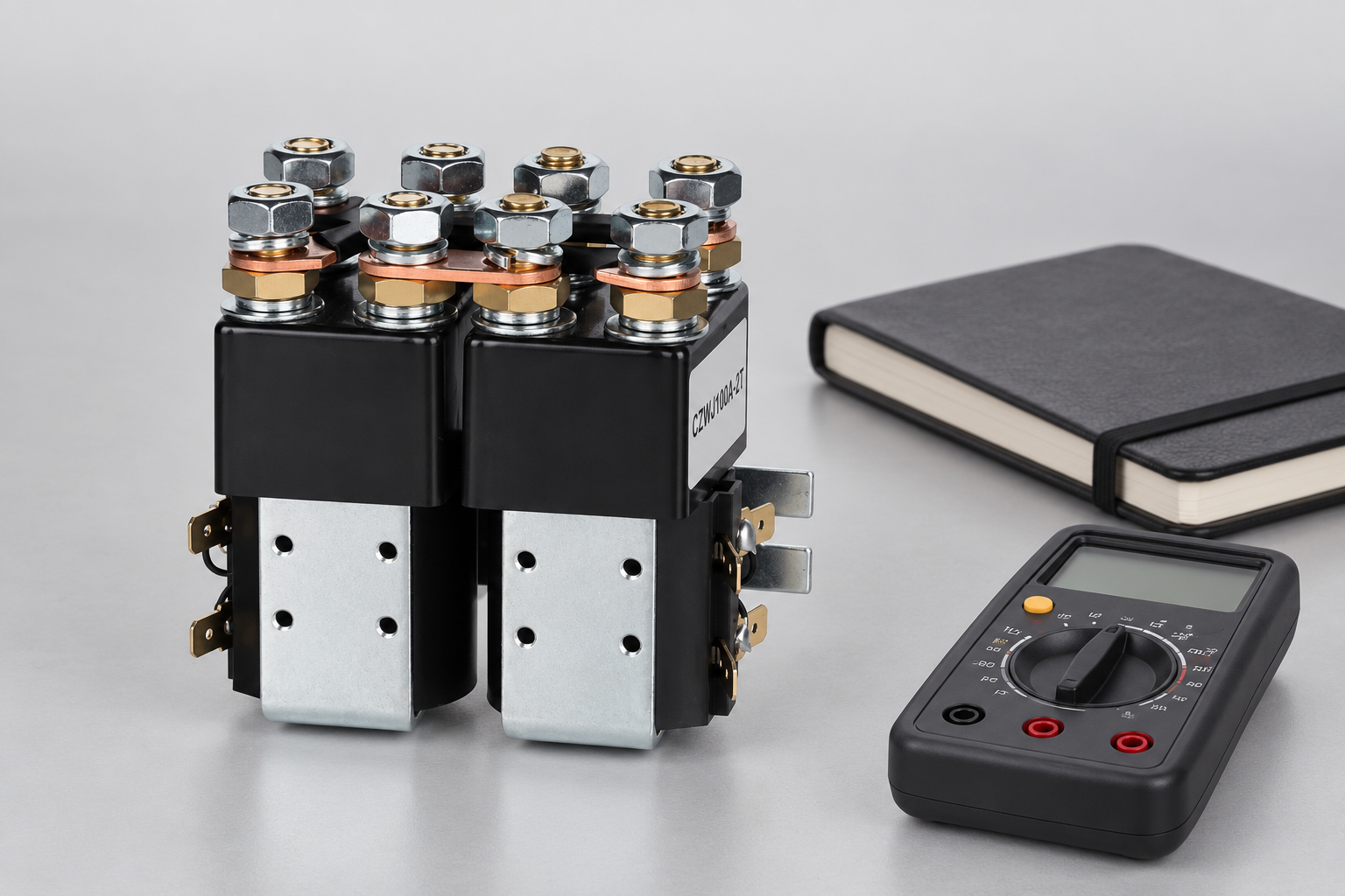 CZWJ100A-2T unpowered beside a blank validation notebook and unplugged multimeter