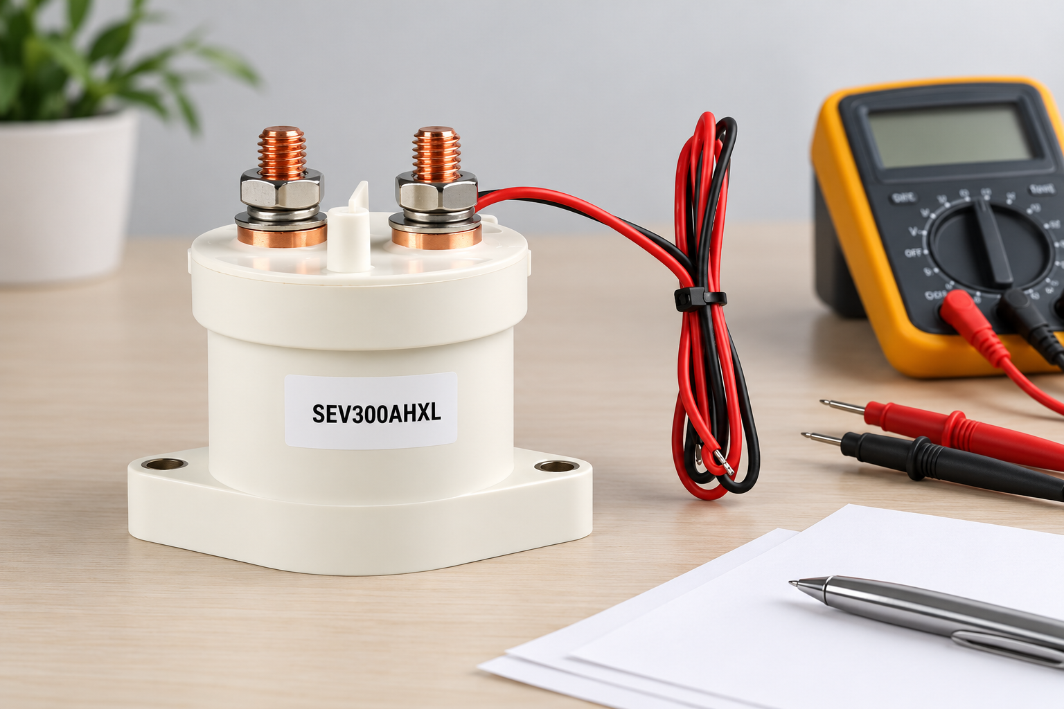 SEV300AHXL intact beside blank document sheets and an unconnected meter