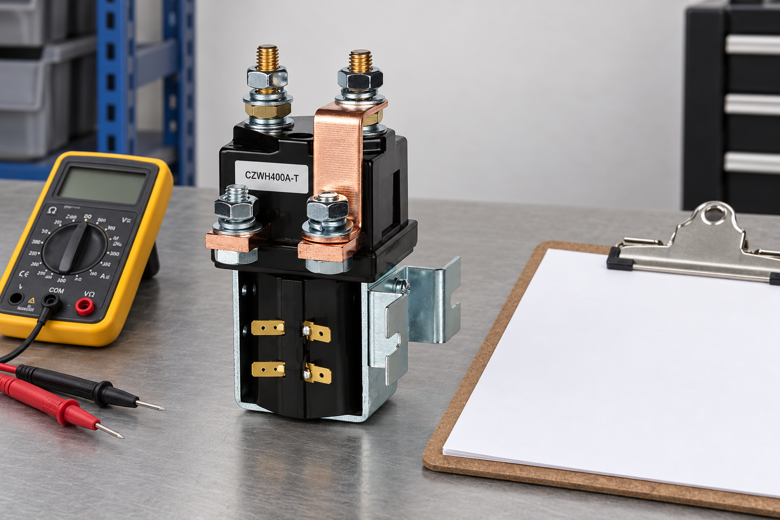 CZWH400A-T unpowered beside a blank review clipboard and unconnected multimeter