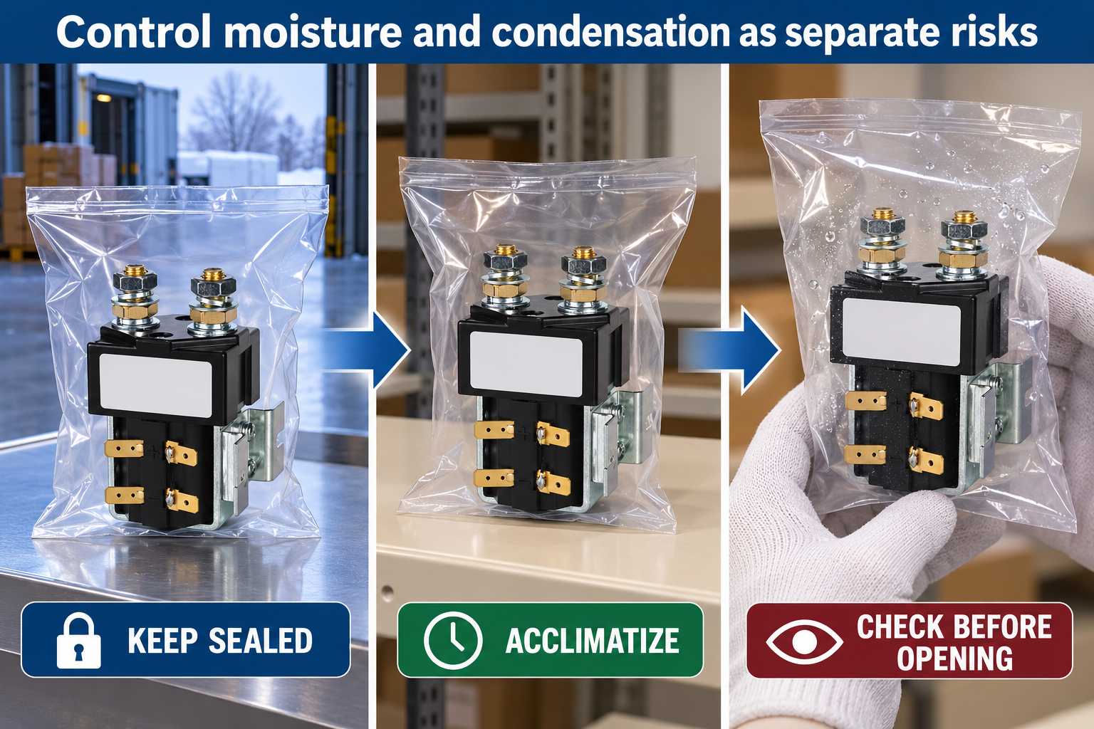 Sealed CZW100A packaging moves through protected acclimatization and a visible condensation check before opening.