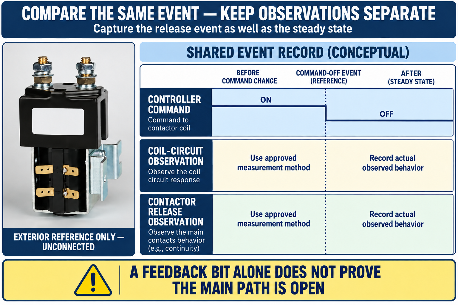 Conceptual event record aligns controller OFF command with separate coil-circuit and contactor-release observation fields.