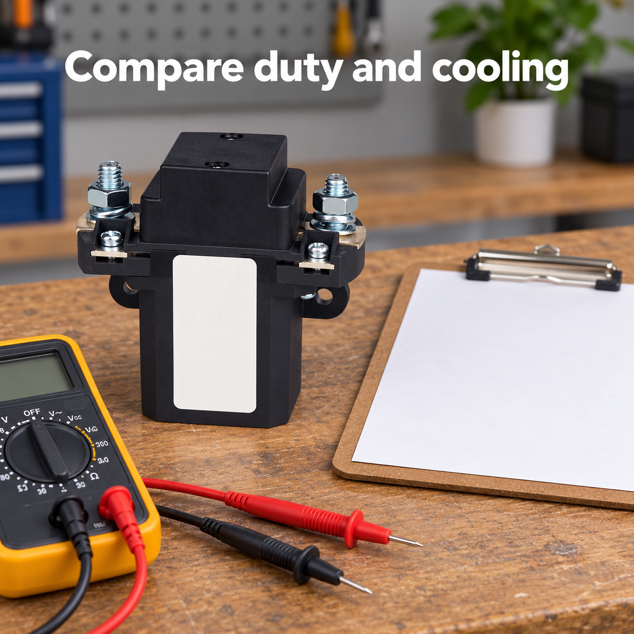 QZJ100A contactor reference on a disconnected inspection bench with meter and clipboard