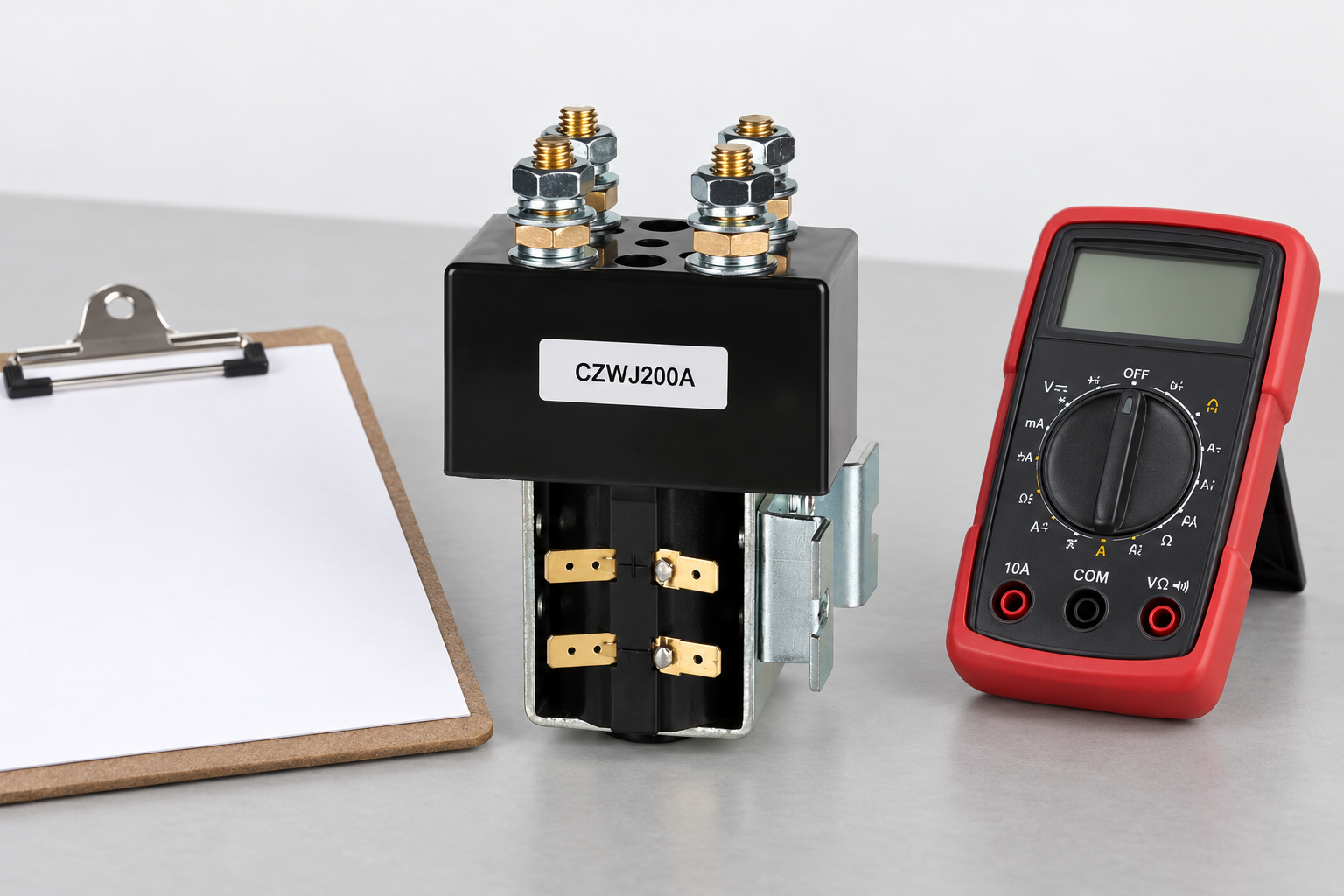 CZWJ200A unpowered beside a blank review clipboard and unconnected multimeter